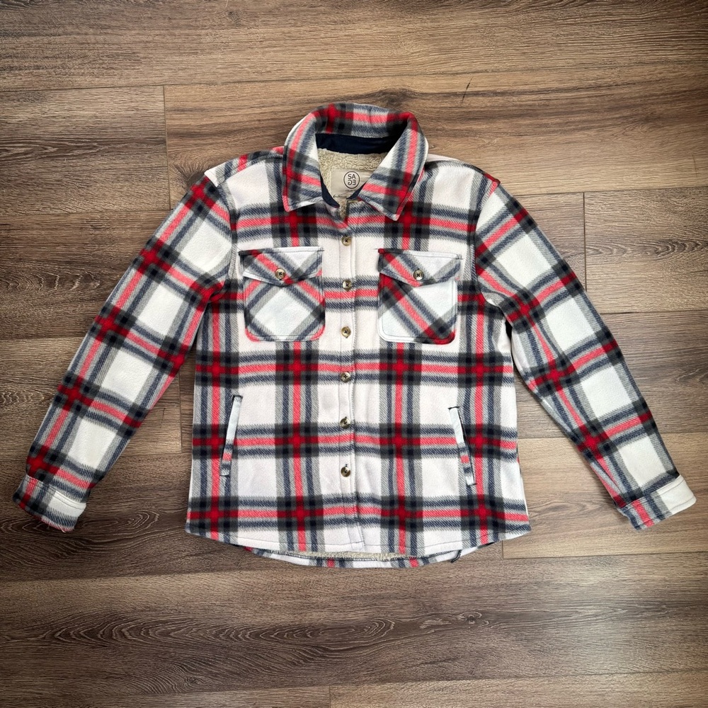 Sage Collective Plaid Button-Down Lined Shacket Jacket- White, Red, Grey & Blue
